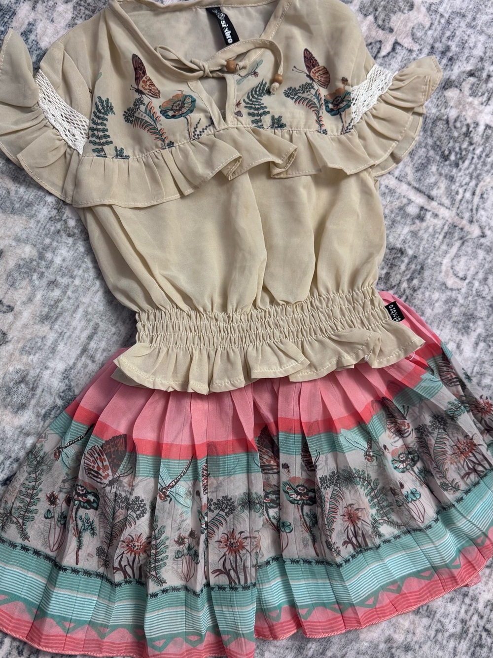 Beige Ruffled Embroidered Top with Pink & Teal Floral Skirt